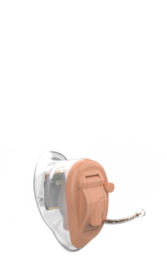 A CIC hearing aid with a pink faceplate and a clear shell